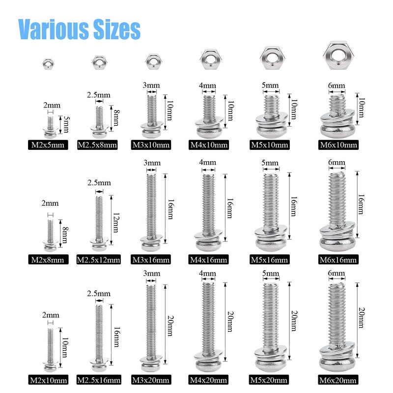 DYWISHKEY 480 PCS M2 M2.5 M3 M4 M5 M6, 304 Stainless Steel Phillips Pan Head Screws Combine with Spring Washer and Flat Washers Nuts Assortment Kit - Image 3